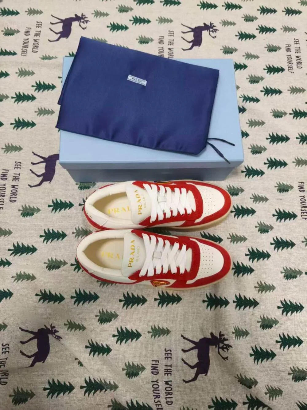 Prada Downtown Bold Sneakers, White & Red Leather Low-Top Shoes